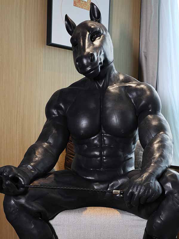 黒馬　獣人変身コスプレ　オスケモ　馬のマスク＆袖付き偽腹筋＆男性器付きロングパンツ＆手袋＆足袋セット　動物筋肉シリコンスーツ-1