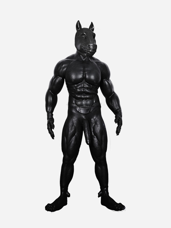 黒馬　獣人変身コスプレ　オスケモ　馬のマスク＆袖付き偽腹筋＆男性器付きロングパンツ＆手袋＆足袋セット　動物筋肉シリコンスーツ-3