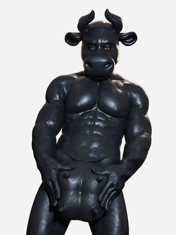 黒乳牛　獣人変身コスプレ　牛のマスク＆袖付き偽腹筋＆乳首付きパンツ＆手袋＆足袋セット　面白い動物変装道具-4