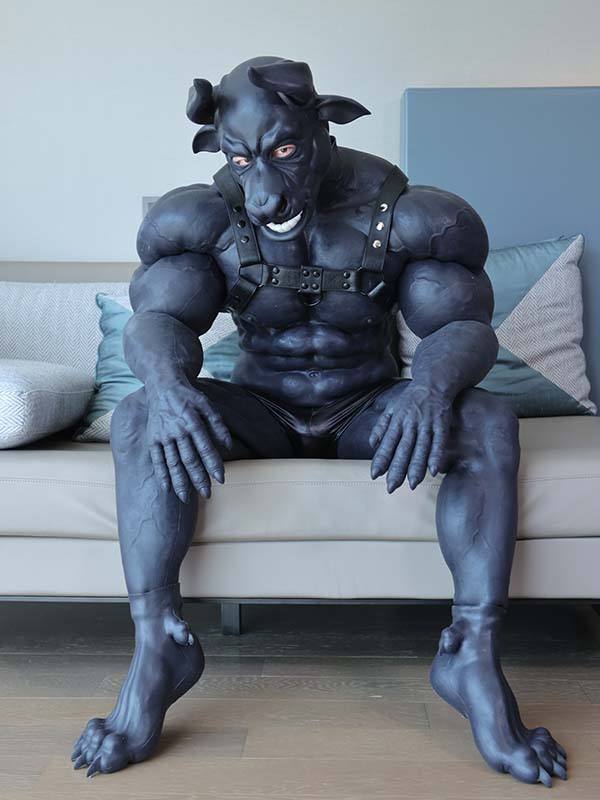 黒牛　獣人変身コスプレ　オスケモ　牛のマスクCow/Bull＆袖付き偽腹筋＆ロングパンツ＆手袋＆足袋セット　動物筋肉シリコンスーツ-1
