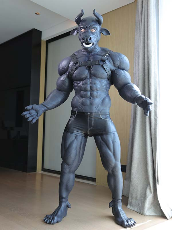 黒牛　獣人変身コスプレ　オスケモ　牛のマスクCow/Bull＆袖付き偽腹筋＆ロングパンツ＆手袋＆足袋セット　動物筋肉シリコンスーツ-4