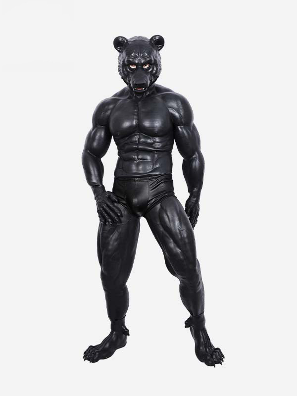 黒熊　獣人変身コスプレ　熊のマスク＆袖付き偽腹筋＆ロングパンツ＆手袋＆足袋セット　面白いシリコン変装道具-1