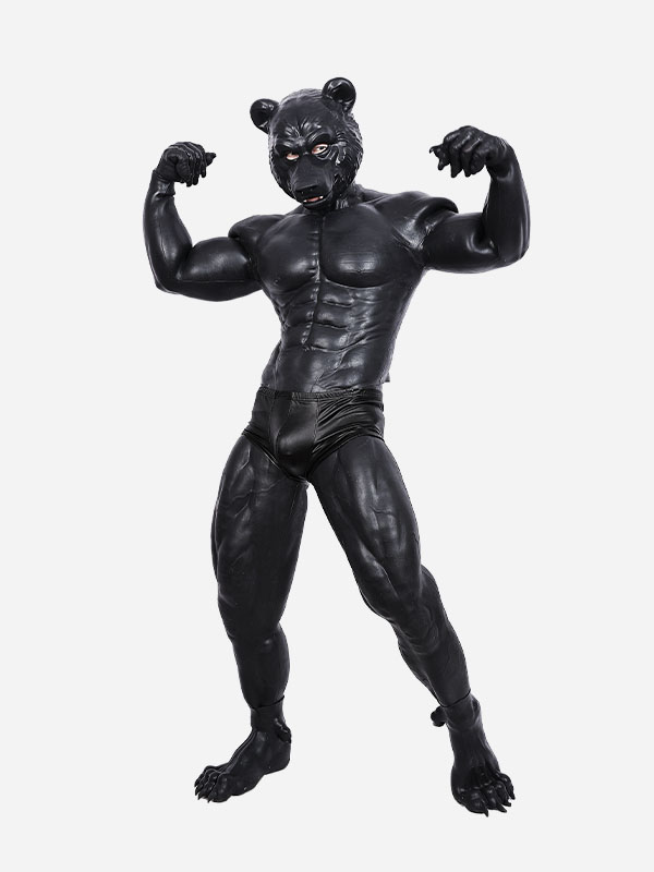 黒熊　獣人変身コスプレ　熊のマスク＆袖付き偽腹筋＆ロングパンツ＆手袋＆足袋セット　面白いシリコン変装道具-2