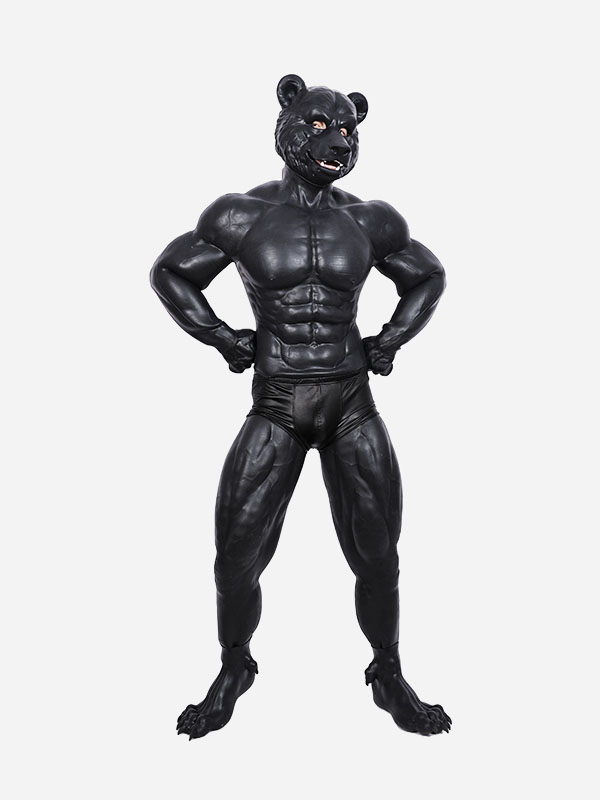 黒熊　獣人変身コスプレ　熊のマスク＆袖付き偽腹筋＆ロングパンツ＆手袋＆足袋セット　面白いシリコン変装道具-3