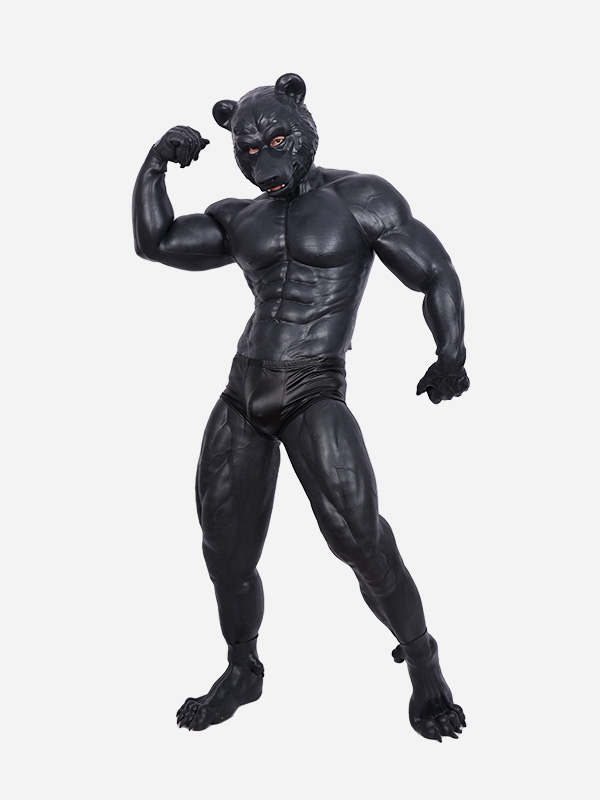 黒熊　獣人変身コスプレ　熊のマスク＆袖付き偽腹筋＆ロングパンツ＆手袋＆足袋セット　面白いシリコン変装道具-4