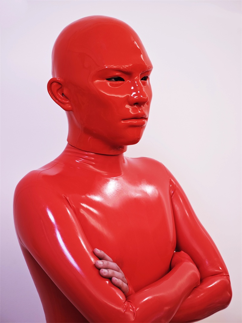 シリコン製全頭面　ブラック/レッド　男性の顔　頭周り54cm∼58cm　ラテックススーツと組み合わせてご利用をお勧め　フルヘッド　鼻の呼吸孔付き-8