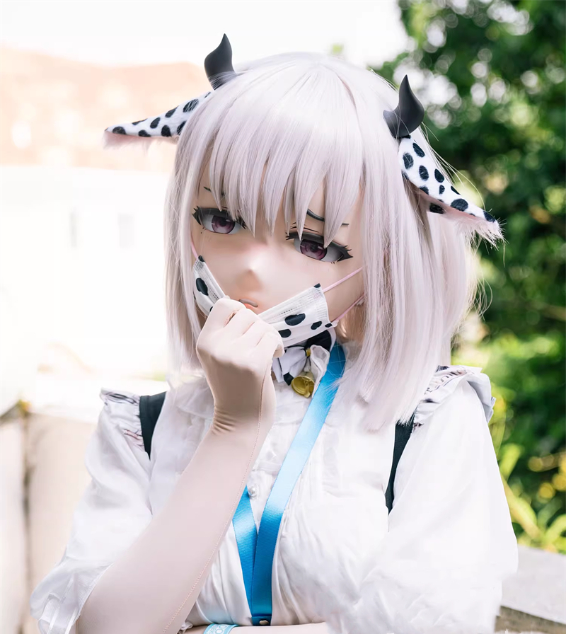 うしまい(牛姉妹)の妹　フルヘッド　着ぐるみマスク　牛っ娘ちゃん　kigurumimask　ウィッグ＆牛の角＆牛の耳付き-2