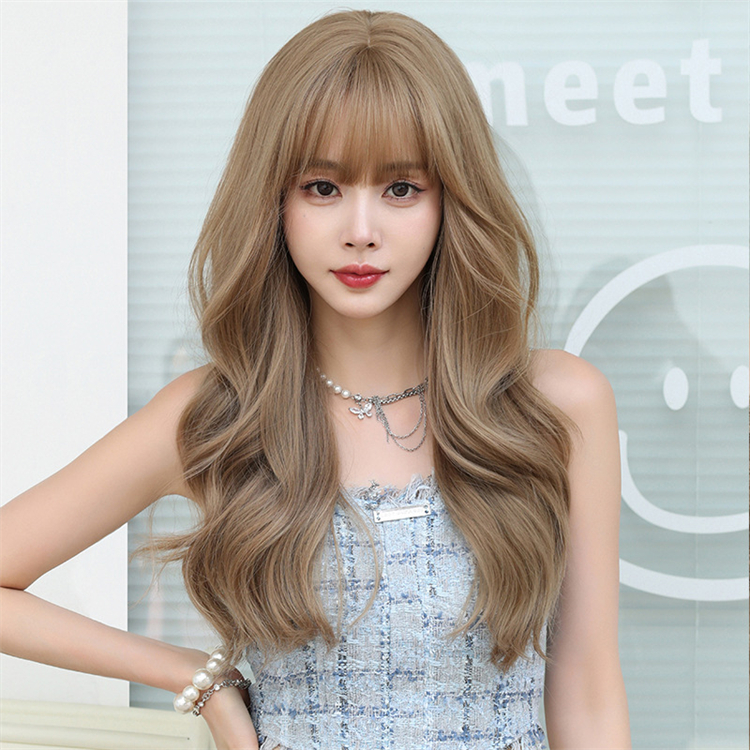 亜麻色　ロングかつら　カーリーヘアー　フルウィッグ　簡単着用　長さ59cm　人工頭皮　耐熱　ネット付き　通気性が抜群　違和感がないウィッグ　男の娘　女装体験用カツラ　お勧め-1