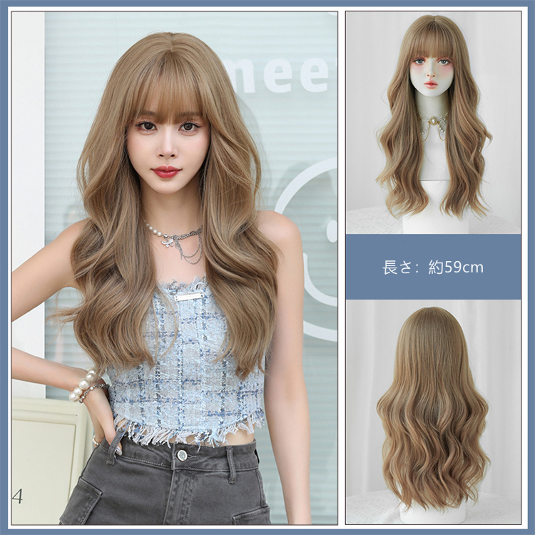 亜麻色　ロングかつら　カーリーヘアー　フルウィッグ　簡単着用　長さ59cm　人工頭皮　耐熱　ネット付き　通気性が抜群　違和感がないウィッグ　男の娘　女装体験用カツラ　お勧め-5