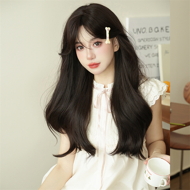 黒色　真ん中分け　カーリーヘアー　大人可愛いフルウィッグ　長さ67cm　人工頭皮　小顔　ロングかつら　ヘアネット付き　普段使い　女装体験用カツラ-1