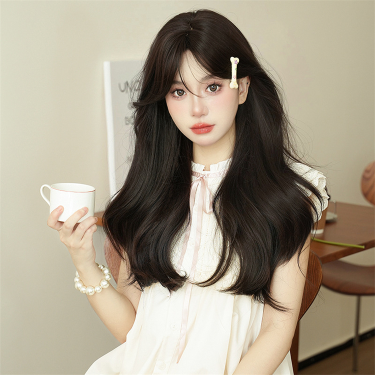 黒色　真ん中分け　カーリーヘアー　大人可愛いフルウィッグ　長さ67cm　人工頭皮　小顔　ロングかつら　ヘアネット付き　普段使い　女装体験用カツラ-2