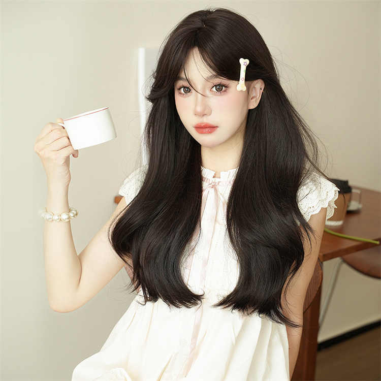 黒色　真ん中分け　カーリーヘアー　大人可愛いフルウィッグ　長さ67cm　人工頭皮　小顔　ロングかつら　ヘアネット付き　普段使い　女装体験用カツラ-3
