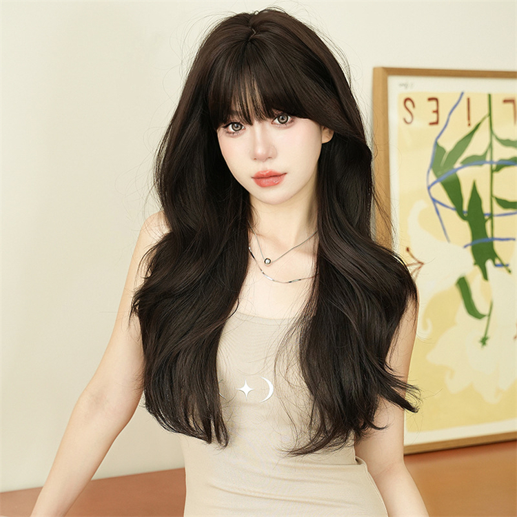 黒色　カーリーヘアー　大人可愛いフルウィッグ　長さ68cm　人工頭皮　小顔　ロングかつら　ヘアネット付き　普段使い　女装体験用カツラ-3