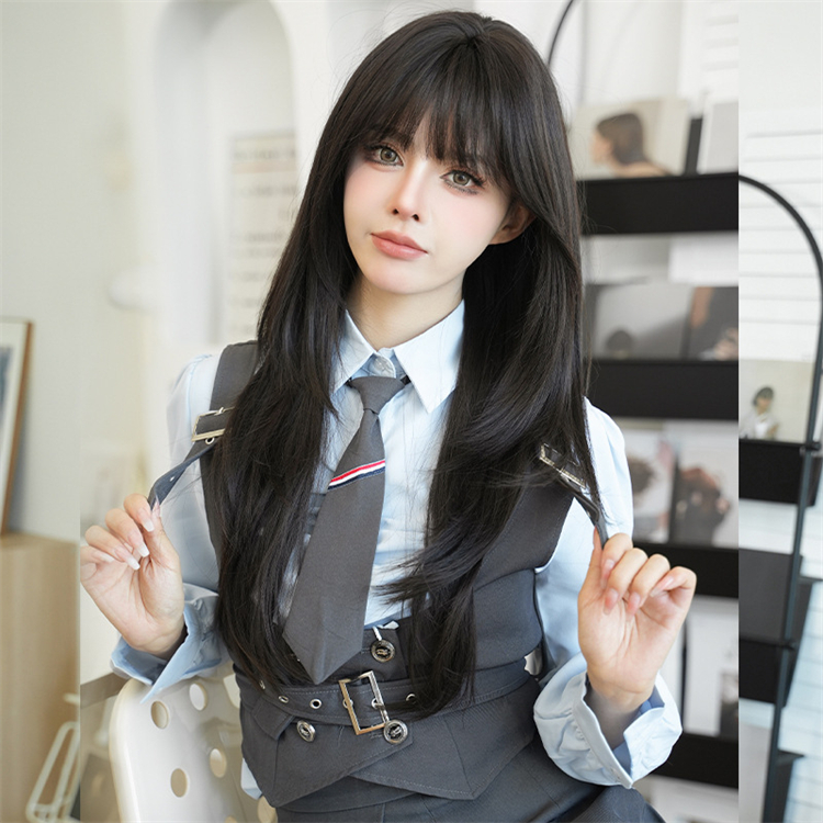黒色　ストレートヘア　大人可愛いフルウィッグ　長さ70cm　人工頭皮　小顔　ロングかつら　ヘアネット付き　普段使い　女装体験用カツラ-1