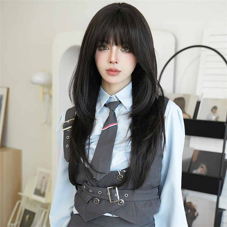 黒色　ストレートヘア　大人可愛いフルウィッグ　長さ70cm　人工頭皮　小顔　ロングかつら　ヘアネット付き　普段使い　女装体験用カツラ-2