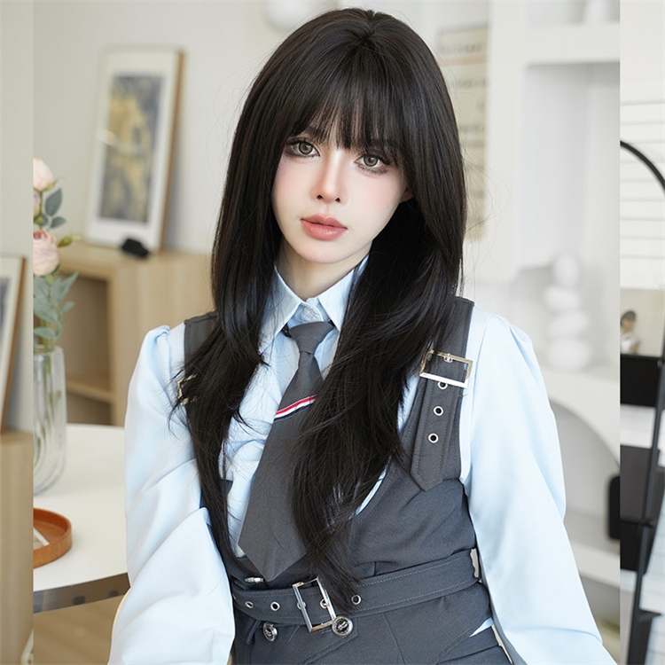 黒色　ストレートヘア　大人可愛いフルウィッグ　長さ70cm　人工頭皮　小顔　ロングかつら　ヘアネット付き　普段使い　女装体験用カツラ-3
