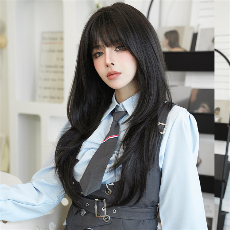 黒色　ストレートヘア　大人可愛いフルウィッグ　長さ70cm　人工頭皮　小顔　ロングかつら　ヘアネット付き　普段使い　女装体験用カツラ-4
