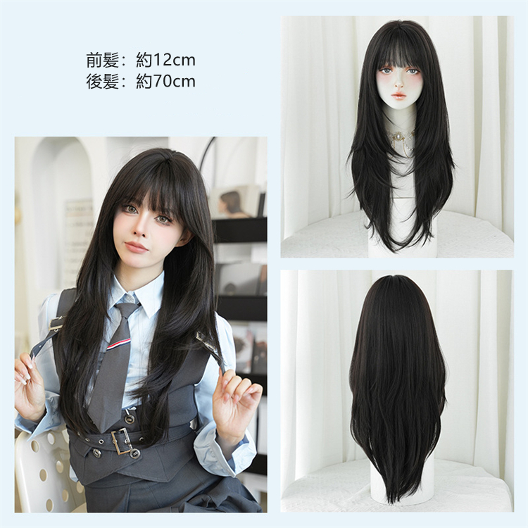 黒色　ストレートヘア　大人可愛いフルウィッグ　長さ70cm　人工頭皮　小顔　ロングかつら　ヘアネット付き　普段使い　女装体験用カツラ-5