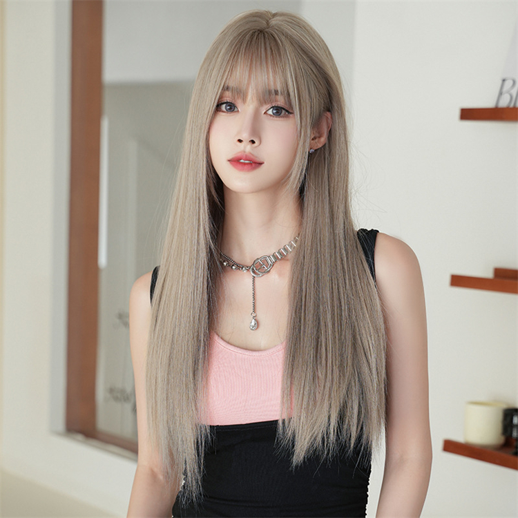 ロングかつら　ストレートヘア　大人可愛いカラーウィッグ　長さ64cm　人工頭皮　小顔　ヘアネット付き　普段使い　女装体験用カツラ-2