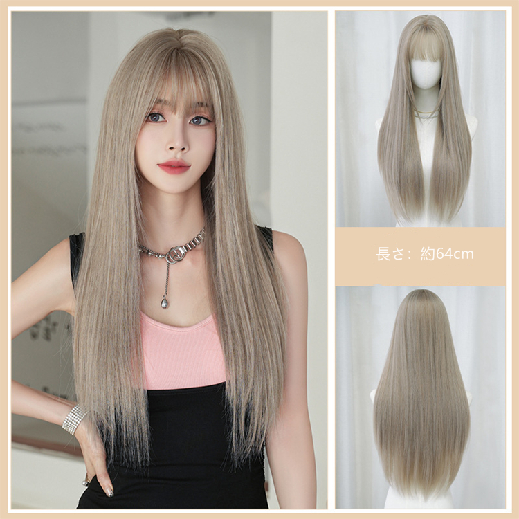 ロングかつら　ストレートヘア　大人可愛いカラーウィッグ　長さ64cm　人工頭皮　小顔　ヘアネット付き　普段使い　女装体験用カツラ-5