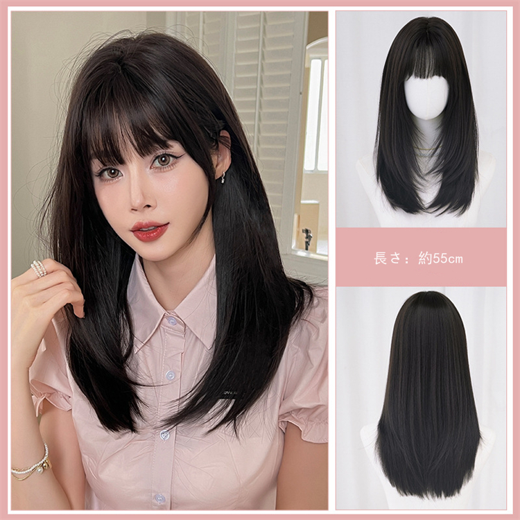 黒色 ストレートヘア 大人可愛いフルウィッグ 長さ55cm 人工頭皮 小顔 ロングかつら ヘアネット付き 普段使い 女装体験用カツ-5 黒色 ストレートヘア 大人可愛いフルウィッグ 長さ55cm 人工頭皮 小顔 ロングかつら ヘアネット付き 普段使い 女装体験用カツ-5