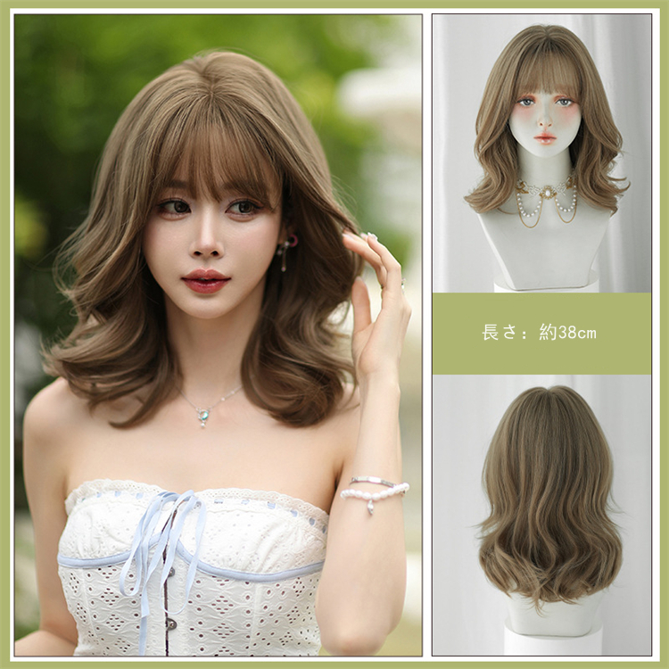 薄茶色　カーリーヘアー　大人可愛いフルウィッグ　長さ38cm　人工頭皮　耐熱　ネット付き　通気性が抜群　違和感がないウィッグ　男の娘　女装体験用カツラ　お勧め-5