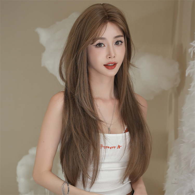 茶色　ロング　真ん中分け　天然パーマ　フルウィッグ　長さ70cm　人工頭皮　小顔　普段使い　ヘアネット付き　通気性が抜群　女装体験用カツラ-1