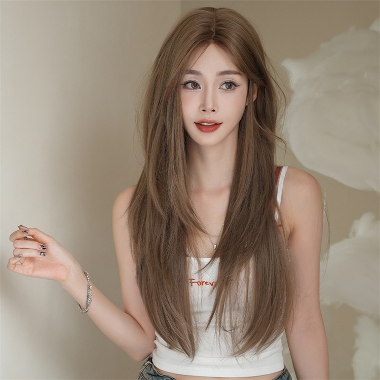 茶色　ロング　真ん中分け　天然パーマ　フルウィッグ　長さ70cm　人工頭皮　小顔　普段使い　ヘアネット付き　通気性が抜群　女装体験用カツラ-3