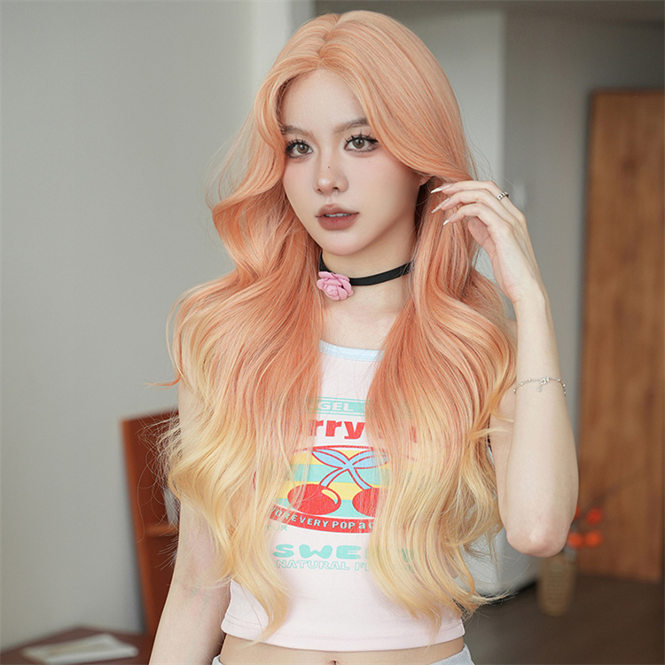 オレンジ色　カーリーヘアー　真ん中分け　ロング 　天然パーマ　フルウィッグ　長さ72cm　人工頭皮　小顔　普段使い　ヘアネット付き　通気性が抜群　女装体験用カツラ　お勧め-1