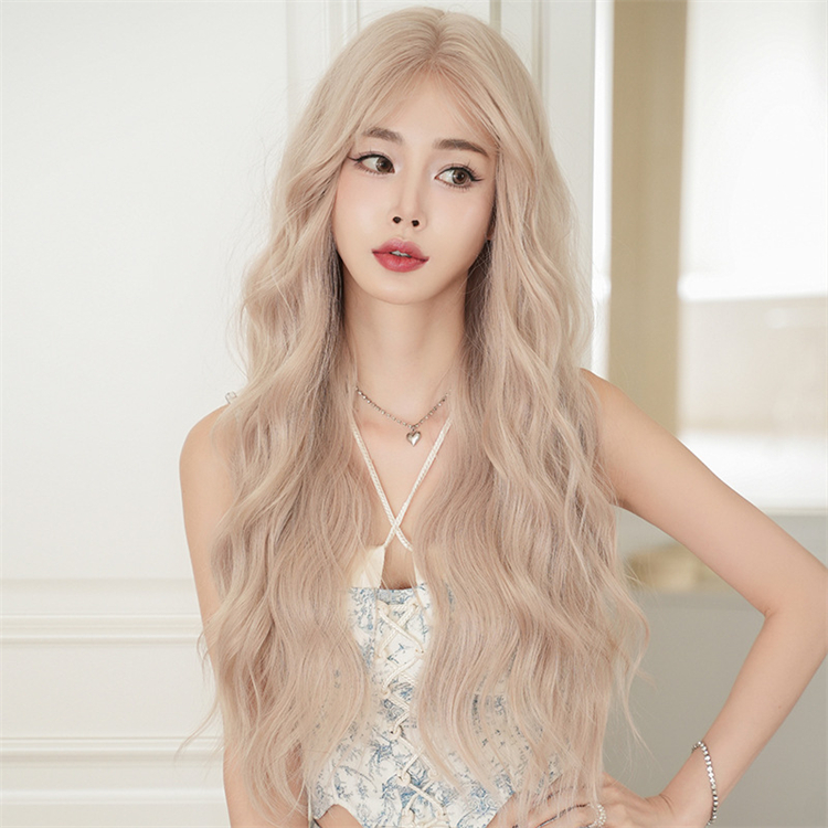 金髪　カーリーヘアー　真ん中分け　ロング 　天然パーマ　フルウィッグ　長さ75cm　人工頭皮　小顔　普段使い　ヘアネット付き　通気性が抜群　Lolita　女装体験用カツラ　お勧め-2
