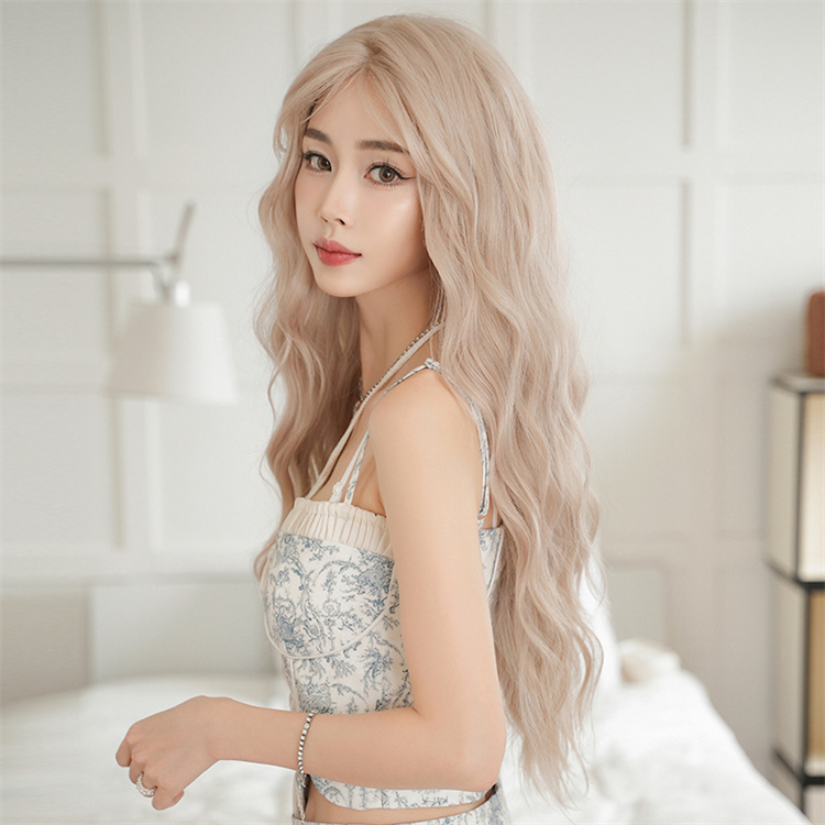 金髪　カーリーヘアー　真ん中分け　ロング 　天然パーマ　フルウィッグ　長さ75cm　人工頭皮　小顔　普段使い　ヘアネット付き　通気性が抜群　Lolita　女装体験用カツラ　お勧め-4