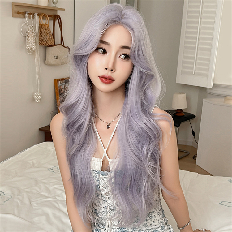 薄紫色　カーリーヘアー　真ん中分け　ロング 　天然パーマ　大人可愛いフルウィッグ　長さ70cm　人工頭皮　小顔　普段使い　ヘアネット付き　通気性が抜群　Lolita　女装体験用カツラ　お勧め-1