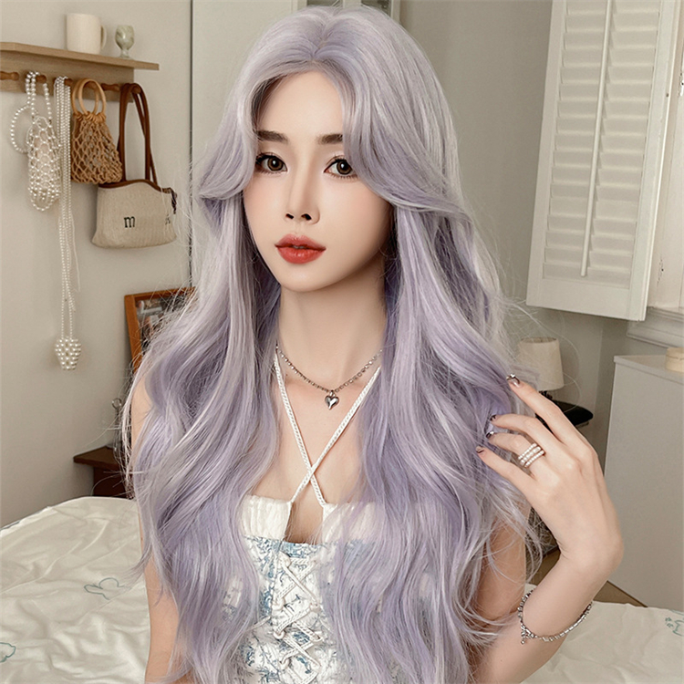薄紫色　カーリーヘアー　真ん中分け　ロング 　天然パーマ　大人可愛いフルウィッグ　長さ70cm　人工頭皮　小顔　普段使い　ヘアネット付き　通気性が抜群　Lolita　女装体験用カツラ　お勧め-2