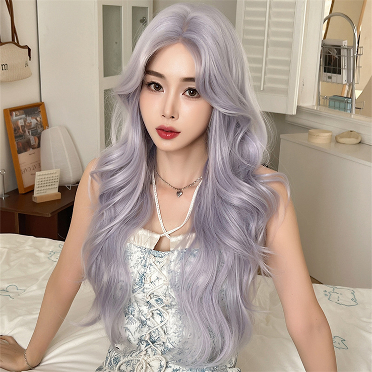 薄紫色　カーリーヘアー　真ん中分け　ロング 　天然パーマ　大人可愛いフルウィッグ　長さ70cm　人工頭皮　小顔　普段使い　ヘアネット付き　通気性が抜群　Lolita　女装体験用カツラ　お勧め-3