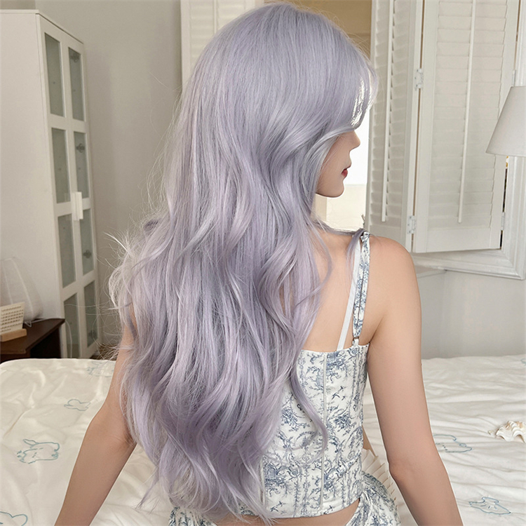 薄紫色　カーリーヘアー　真ん中分け　ロング 　天然パーマ　大人可愛いフルウィッグ　長さ70cm　人工頭皮　小顔　普段使い　ヘアネット付き　通気性が抜群　Lolita　女装体験用カツラ　お勧め-4