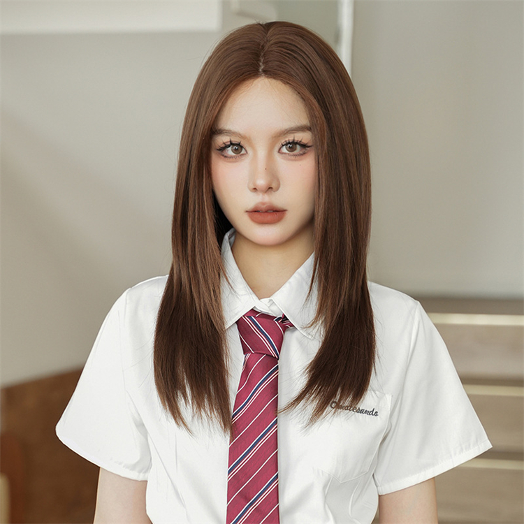 ブラウン　セミロング　真ん中分け　ロング 　大人可愛いフルウィッグ　長さ56cm　人工頭皮　小顔　普段使い　ヘアネット付き　通気性が抜群　女装体験用カツラ　お勧め-1