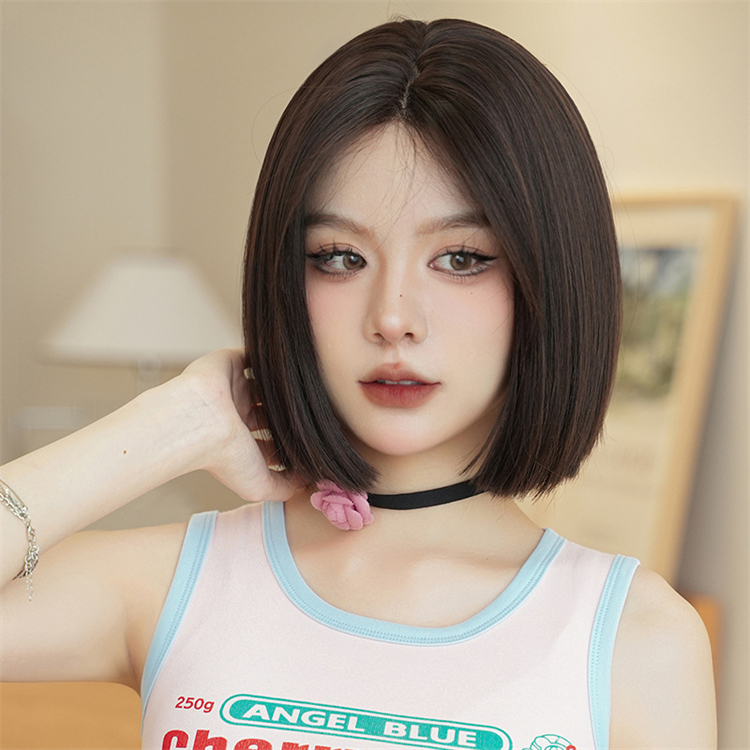 黒茶色　ボブ　ショートカット　真ん中分け 　大人可愛いフルウィッグ　長さ30cm　人工頭皮　小顔　普段使い　ヘアネット付き　通気性が抜群　女装体験用カツラ　お勧め-2
