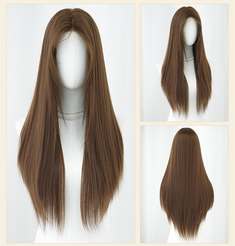 茶髪　真ん中分け　ロング　ストレートヘア　大人可愛いフルウィッグ　長さ60cm　人工頭皮　小顔　普段使い　ヘアネット付き　通気性が抜群　女装体験用カツラ　お勧め-5