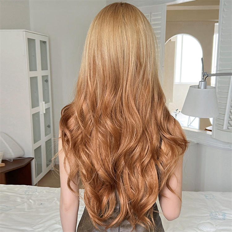 グラデーション　オレンジ色　ロング　カーリーヘアー　真ん中分け 　大人可愛いフルウィッグ　長さ73cm　人工頭皮　小顔　普段使い　ヘアネット付き　通気性が抜群　女装体験用カツラ　お勧め-4