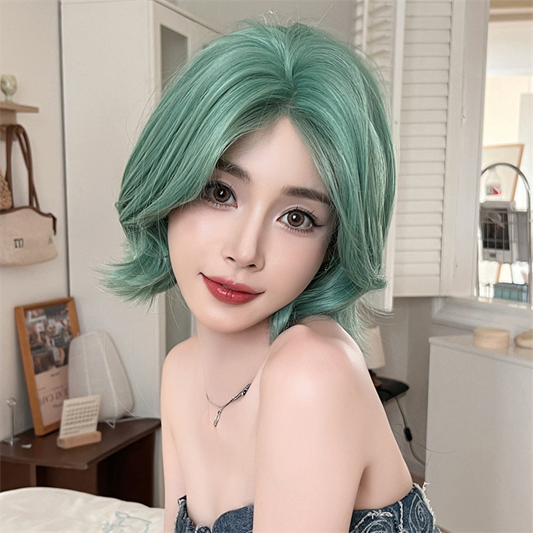 緑色　 ショートカット　天然パーマ 　フルウィッグ　長さ32cm　人工頭皮　小顔　普段使い　ヘアネット付き　通気性が抜群　女装体験用カツラ　お勧め-2