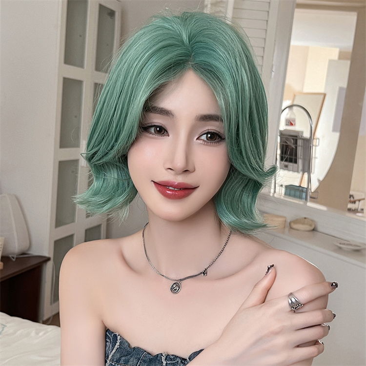 緑色　 ショートカット　天然パーマ 　フルウィッグ　長さ32cm　人工頭皮　小顔　普段使い　ヘアネット付き　通気性が抜群　女装体験用カツラ　お勧め-3