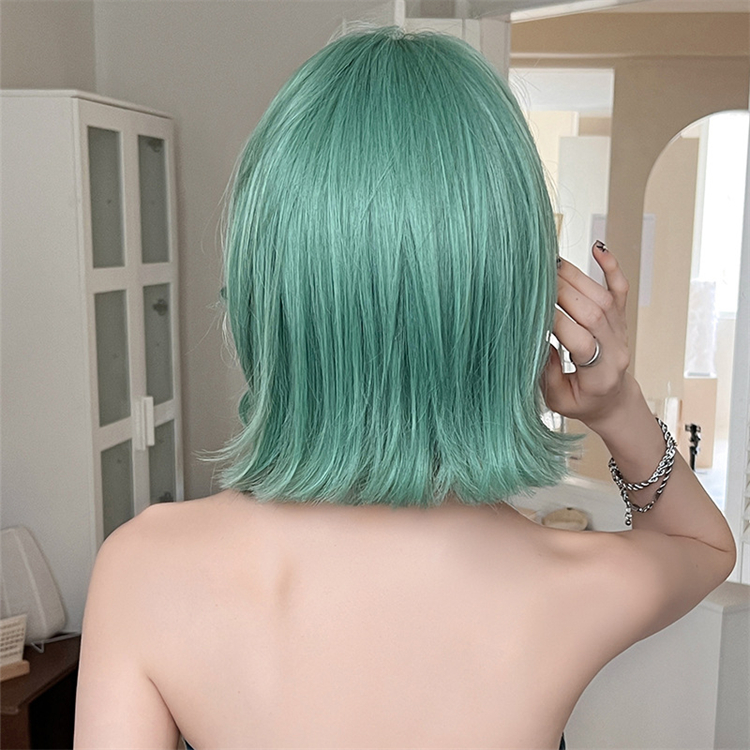 緑色　 ショートカット　天然パーマ 　フルウィッグ　長さ32cm　人工頭皮　小顔　普段使い　ヘアネット付き　通気性が抜群　女装体験用カツラ　お勧め-4