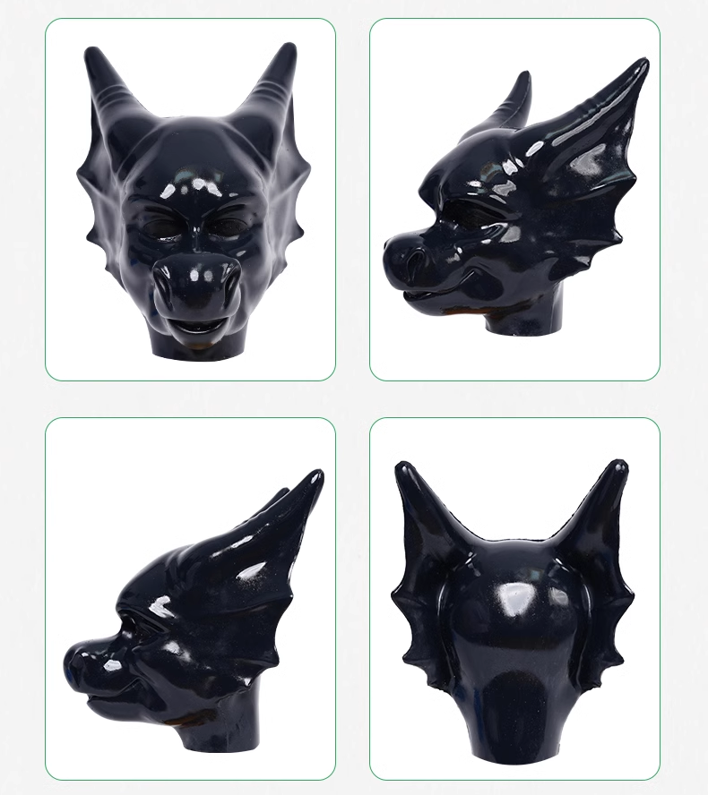 竜の全頭マスク　黒色　ピカピカシリコン素材製　動物コスプレ-4