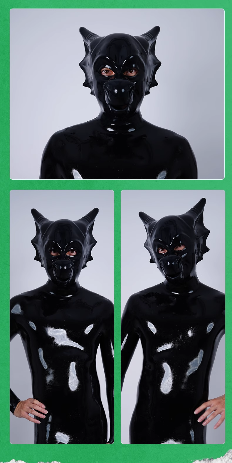 竜の全頭マスク　黒色　ピカピカシリコン素材製　動物コスプレ-6