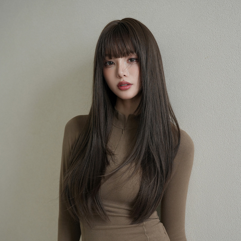 茶髪　フルウィッグ　ロング　ストレートヘア　ぱっつん　長さ72cm　人工頭皮　ヘアネット付き　通気性が抜群　女装体験用カツラ　お勧め-1