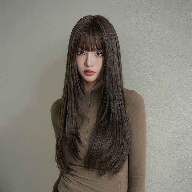 茶髪　フルウィッグ　ロング　ストレートヘア　ぱっつん　長さ72cm　人工頭皮　ヘアネット付き　通気性が抜群　女装体験用カツラ　お勧め-2