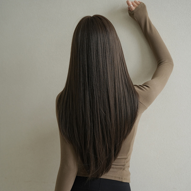 茶髪　フルウィッグ　ロング　ストレートヘア　ぱっつん　長さ72cm　人工頭皮　ヘアネット付き　通気性が抜群　女装体験用カツラ　お勧め-5