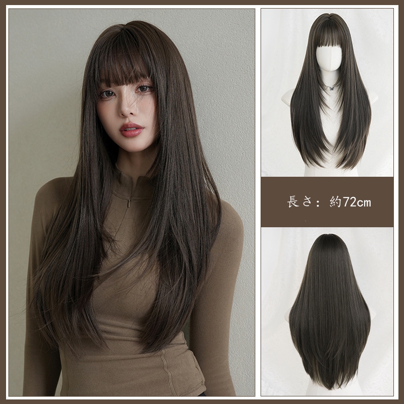 茶髪　フルウィッグ　ロング　ストレートヘア　ぱっつん　長さ72cm　人工頭皮　ヘアネット付き　通気性が抜群　女装体験用カツラ　お勧め-6