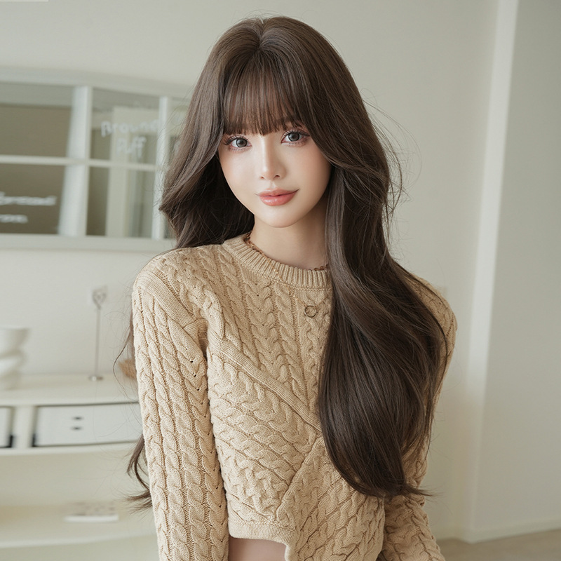 茶髪　フルウィッグ　長さ75cm　ロング　カール　ぱっつん　人工頭皮　ヘアネット付き　通気性が抜群　女装体験用カツラ　お勧め-1