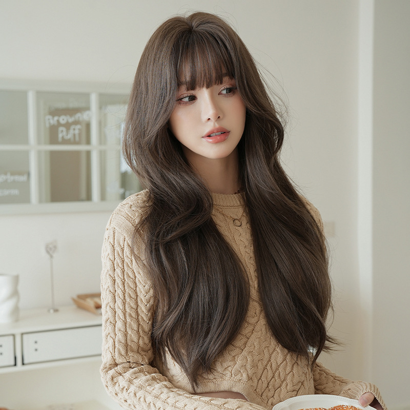 茶髪　フルウィッグ　長さ75cm　ロング　カール　ぱっつん　人工頭皮　ヘアネット付き　通気性が抜群　女装体験用カツラ　お勧め-2